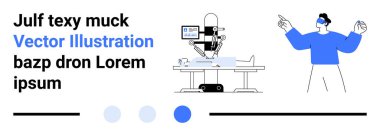 Sanal gerçeklik kulaklığı takan bir doktorun rehberliğinde bir hastayı ameliyat eden tıbbi robot. Teknoloji, yenilik, sağlık, otomasyon, robot bilimi, sanal gerçeklik ve basit bir iniş için ideal.