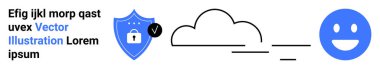 Veri güvenliği, dijital koruma, siber güvenlik, bulut depolama, güvenli bağlantı, kullanıcı deneyimi. Kilitli kalkan, bulut ve mutlu ikon. Veri güvenliği ve dijital koruma kavramı