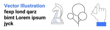 Strateji, karar verme, yaratıcılık, yenilik, liderlik, büyüme kavramları. Satranç şövalyesi, dairesel şekiller ve oklu el hareketi. Strateji ve karar verme biçimi sembollerle resmedildi