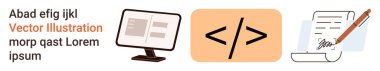 Web geliştirme, programlama, kodlama becerileri, dijital teknoloji, belgeler, yaratıcı yazılar. Bilgisayar ekranı, kalem ile kodlama sembolü. Resmedilmiş Web geliştirme ve programlama kavramları