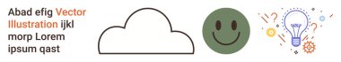 Yaratıcılık, ruh hali, yenilik, beyin fırtınası, tasarım, teknoloji. Basit bulut çizgisi, yeşil gülen yüz ve simgelerle çevrili parlayan ampul. Yaratıcılık ve yenilik teması