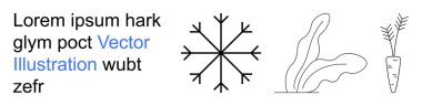 Mevsimsel tasarım, doğa, minimalist dekor, yaratıcı projeler, eğitim materyali, markalaşma. Siyah kar tanesi, soyut bitki ve yazılı havuç çizimi. Mevsimsel tasarım ve doğa temaları