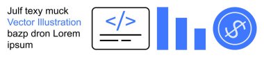 Web geliştirme, finansal analiz, kodlama, veri görselleştirme, para büyümesi, programlama. Semboller arasında bir kodlama simgesi, bar tablosu ve dolar işareti var. Web geliştirme ve mali analiz