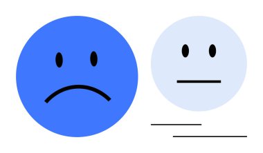 Akıl sağlığı, ruh hali ifadesi, iletişim, duygusal refah, psikolojik kavramlar, insan ilişkileri. Mavi üzgün bir yüz ve tarafsız bir yüz ikonu. Ruh sağlığı ve ruh hali ifadesi