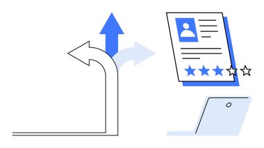 Kariyer kararlarını ve ilerlemeyi temsil eden ok, derecelendirme yıldızları ve dizüstü bilgisayarla devam ediyor. Kariyer planlama, iş arama, işe alım, beceri değerlendirmesi, mesleki gelişim, işe alım için ideal