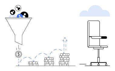 Pazarlama stratejileri, kurşun dönüşümü, iş büyümesi, gelir optimizasyonu, işyeri dinamikleri, karlılık. Bozuk para ve istiflere giden kullanıcılarla dolu bir huni. Pazarlama stratejileri ve kurşun