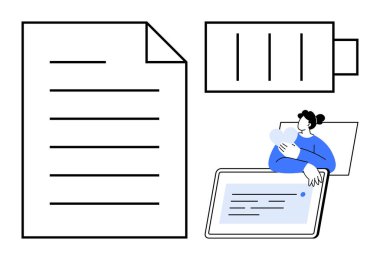 Dijital iş akışı konsepti. Dijital iş akışı bir belge, pil simgesi ve tablet etkileşimi. Dijital iş akışı görev yönetimi, verimlilik ve kullanıcı katılımını artırır. İş için kullanışlı