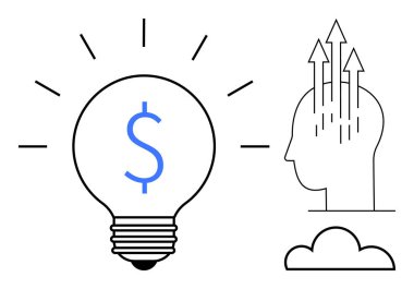 Finansal yenilik, ampulün içinde bir dolar işareti, ok büyümesi görselleştirme ve insan profili. Finansal kavramlar, para büyümesi ve karlılık mesajı. Finans ve iş için ideal