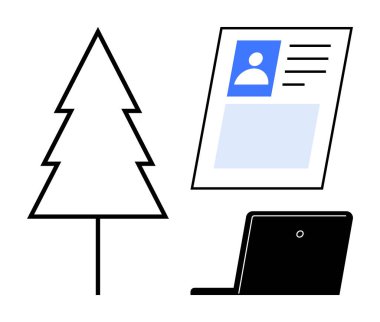 Dijital iletişim. Profil belgesi, dizüstü bilgisayar ve dijital kimlik yönetimi ve çevre dostu kavramları ileten sembolik yeşil ağaç. Teknoloji, çevre, kimlik için uygulanabilir