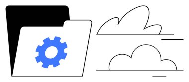 Bulut deposu, dijital veri yönetimi, teknoloji servisi, dosya paylaşımı, çevrimiçi yedekleme, ağ çözümleri. Bulut simgelerinin yanında dişli sembolü olan dizin. Bulut depolama ve dijital veri yönetimi