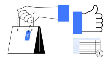 Alışveriş konsepti. İndirim etiketli bir el çantası, baş parmak ikonu ve kendine güvenen fiyatlandırma masası alışverişleri. Alışveriş daha güvenli harcamalara ve anlaşmalara ilham verir. E-ticaret, perakende, pazarlama