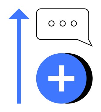 Büyüme konsepti. Yukarı doğru büyüyen ok, mesajlaşma baloncuğu ve artı ilerleme işareti. İş hayatında, iletişimde, yenilikte, takım çalışmasında ve başarı planlamada büyüme