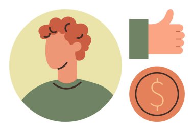 İş onayı, ticaret, finans yönetimi, müşteri geribildirimi, sosyal etkileşim, parasal işlemler. Profilde bir kişi, baş parmaklar ve dolar sembolü yer alıyor. İş onayı