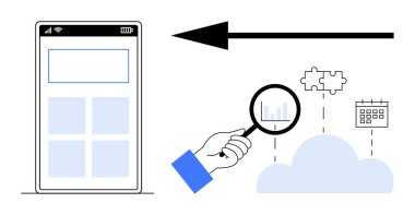 Veri analiz konsepti. Veriler mobil uygulama ve bulut entegrasyonu üzerinden takip edildi. Haritalar, bulut depolama ve iş akışı elementleriyle veri analizi. Uygulamalar, bulut platformları, analiz araçları, iş