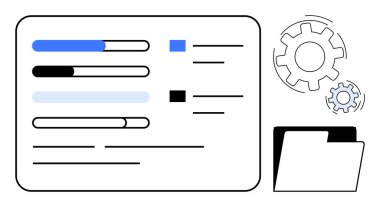 Proje yönetimi, iş akışı takibi, iş araçları, veri örgütü, yazılım çözümleri, görev ilerlemesi. İlerleme çubukları, vites simgeleri ve dosya klasörlü bir panel. Proje yönetimi