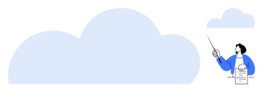 Elinde bir işaret ve çizelgeyle duran kişi bulut arkaplanına karşı olan kavramları açıklıyor. Teknoloji, eğitim, öğrenme, eğitim, analiz, bulut hesaplama ve yenilik için idealdir. Basit düz