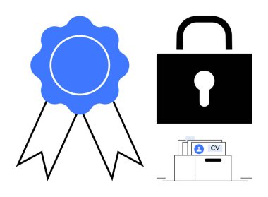 Veri güvenliği kavramı. Kilit, sertifika şeridi ve dosya elemanları aracılığıyla veri koruması. Veri güvenliği mahremiyet, sertifika onayı ve belgenin korunmasını sağlar. Siber güvenlik için.