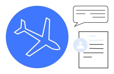 Seyahat planlama, havacılık, iletişim, müşteri desteği, havayolu hizmetleri, belgeler. Uçak ikonlu mavi daire, konuşma balonu ve profilli belge. Seyahat ve havacılık kavramsal