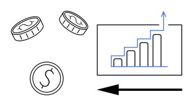 Finansal büyüme. Bozuk paralar ve yükselen bar tablosu mali büyüme ve ilerlemeyi ön plana çıkarıyor. Finansal büyüme yatırım başarısı, planlama ve analiz. İş için, girişimler için, finans