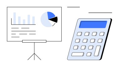 Finansal analiz, veri görselleştirme, bütçe, eğitim, istatistik, iş planlaması. Yakınlarda hesap makinesi olan grafik ve grafikleri gösteren bir stand. Finansal analiz ve veri görselleştirme