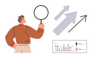 İş analizi, veri görselleştirme, büyüme ölçümleri, performans takibi, piyasa araştırması, trend kavrayışları. Elinde büyüteç, ok ve istatistiksel çizelge tutan biri. İş analizi