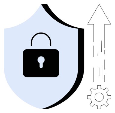 Siber güvenlik, veri koruması, teknolojik büyüme, yenilik, güvenlik sistemleri, internet güvenliği. Kilitli, teçhizatlı ve yukarı doğru oklu kalkan. Siber güvenlik ve veri koruma sembolizmi