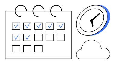 Zaman yönetimi, programlama, verimlilik, organizasyon, görev takibi, bulut depolama. Kontrol işaretli bir takvim, bir saat ve bir bulut simgesi. Zaman yönetimi ve zamanlama kavramı