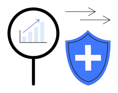İş büyümesi, veri güvenliği, analitik, istatistik, siber güvenlik, sağlık koruma. Haritalı büyüteç, çapraz ve yönlü oklu kalkan. Veri güvenliği ve analiz