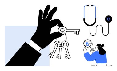 Veri güvenliği kavramı. Veri koruması, anahtarlar, steteskop ve belge denetimi ile gösterilir. Sağlık, mahremiyet, kimlik doğrulama, erişim yönetimi, kimlik bilgileri için veri güvenliği