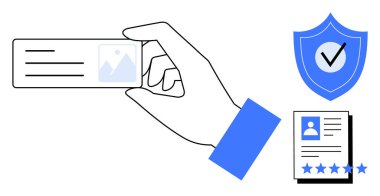 Üzerinde işaret ve profil simgesi ve yıldızların olduğu bir belge bulunan bir kalkanın yanında el ele tutuşan kimlik kartı. Kimlik doğrulama, güvenlik, güven, kimlik doğrulama, dijital sertifika için ideal