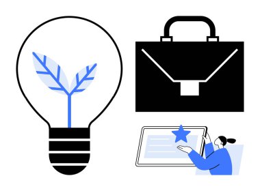 Sürdürülebilir iş, eko-bilinçli büyüme, dijital öğrenme, eğitim, sertifikalar, girişimcilik. Yapraklı bir ampul, evrak çantası ve tablet kullanan biri. Sürdürülebilir işe odaklan