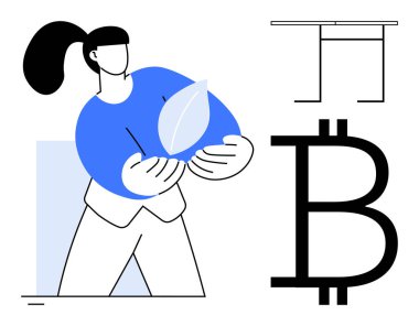 Çevresel farkındalık, kripto para birimi, çevre dostu finans, teknoloji, modern ekonomi, engelleme zinciri. Bitcoin ve soyut şekilli bir yaprak tutan kişi. Çevresel farkındalık