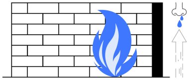 Siber güvenlik, koruma, güvenlik duvarı, duman tespit, yangın önleme, ağ güvenliği. Mavi alevli tuğla duvar ve koku algılayan burun. Siber güvenlik ve koruma kavramı