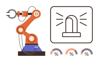 Otomasyon, endüstri 4.0, robotik, imalat teknolojileri, güvenlik protokolleri performans optimizasyonu. Uyarı sinyali ve çizelgeleri olan robot kol. Otomasyon ve sektör 4.0 konsepti