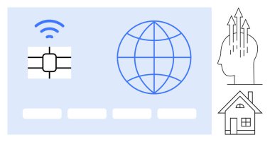 Dijital bağlantı konsepti. Akıllı kart, küresel iletişim ve ev ağı bağlantıları da dahil olmak üzere dijital semboller. Dijital güç modern iletişim sistemleri. Fintech, yenilik, IOT