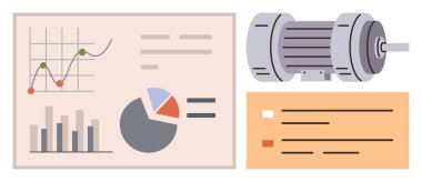 Veri analizi, enerji verimliliği, performans izleme, iş ölçümleri, endüstriyel trendler, sistem bakımı. Grafikler, turta grafiği, kurşun noktalı endüstriyel motor mesaj kutusu. Veri analizi