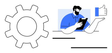 İş süreci, takım işbirliği, iş yönetimi, onay, verimlilik ve organizasyon kavramları. Vites simgesi işlemi ve baş parmak işareti gösteren bir adam. İş süreci ve verimlilik