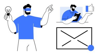 Sanal gerçeklik, iletişim, yenilik, beyin fırtınası, modern teknoloji, dijital etkileşim. VR kulaklıklı biri, tableti ve yaratıcı ikonları olan biri. Sanal gerçeklik