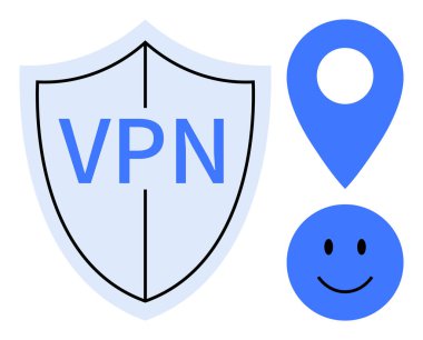 VPN güvenlik konsepti. VPN simgesi güvenli internet erişimi ve mahremiyeti. VPN web 'i kullanırken güvenliği sağlar, konumunu gizler ve verileri şifrelemeye çalışır. Dijital koruma, gizlilik uygulamaları, siber güvenlik için