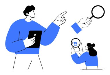 Veri analiz konsepti. Tabletleri ve büyüteçleri destekleyen araçlar kullanarak veri analizi yapan düz stil karakterler. Veri analizi sorun çözmede ve karar vermede yardımcı olur. Teknoloji için