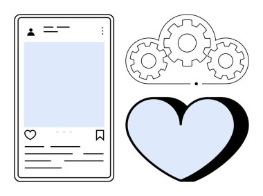 Sosyal medya, dijital araçlar, bağlantı, otomasyon, tasarım kavramları, analiz. Akıllı telefon arayüzü, kalp ve vitesler bir bulutta. Dijital araçlar ve bağlantı konsepti
