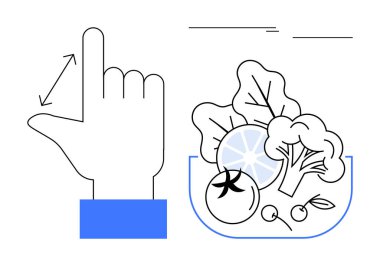 El hareketi, porsiyon ölçüsünün yanı sıra bir kase sebze, meyve, yaprak yeşili ve narenciye dilimi olduğunu gösteriyor. Sağlıklı beslenme, porsiyon kontrolü, beslenme, sağlık, yemek pişirme için ideal.