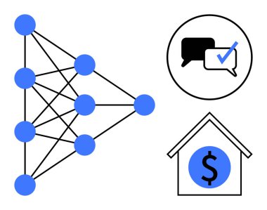 Sinirsel ağ düğümleri ve bağlantılar, işaretli konuşma balonu ve dolar işaretli ev. Yapay zeka, fintech, iletişim, yenilik, karar verme mekanizması için ideal. Basit.