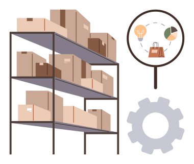 Lojistik, envanter yönetimi, e-ticaret, nakliye, tedarik zinciri, ambalaj. Karton kutularla dolu raflar, ikon dişli büyüteçler. Lojistik ve envanter yönetimi