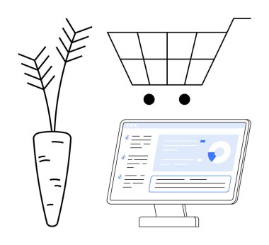 E-ticaret, dijital pazarlama, sürdürülebilir alışveriş, çevrimiçi perakende, tarım, yeşil iş. Alışveriş arabası, bilgisayar ekranı havuç çizimi. E-ticaret ve sürdürülebilir alışveriş