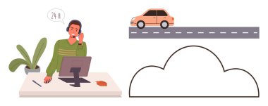 Müşteri hizmetleri, bulut hesaplama, ulaşım, teknik destek, 24 saat yardım, uzak hizmetler. Masadaki bir adam, yoldaki bir araba ve bulut grafiği. Müşteri hizmetleri ve bulutlar