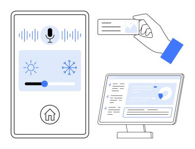 Akıllı evler, otomasyon, dijital torpidolar, ses komutları, çevrimiçi güvenlik, erişilebilirlik. Klima kontrolü ile akıllı telefon arayüzü, el bilgisayarı ekranında kart. Akıllı evler ve otomasyon