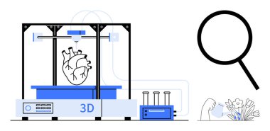 3D yazıcı, bitkilerin yanında büyüteçle geliştirilmiş tıbbi yenilik için insan kalbi modeli üretiyor. Sağlık, teknoloji, biyomateryal, biyoteknoloji, eğitim, araştırma için ideal