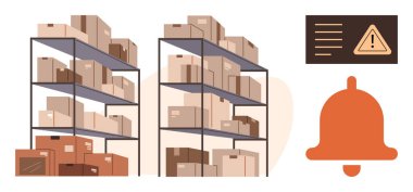 Envanter yönetimi, lojistik, tedarik zinciri, depo organizasyonu, operasyonel verimlilik, hisse senedi izleme. Raflarda kutular ve uyarı zili var. Envanter yönetimi ve arzı