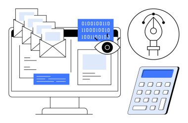 Dijital pazarlama, veri güvenliği, yaratıcı tasarım, çevrimiçi iletişim, iş analizleri, üretkenlik araçları. E- postalı bilgisayar ekranı, ikili kod hesap makinesi ve kalem aracı simgesi. Dijital